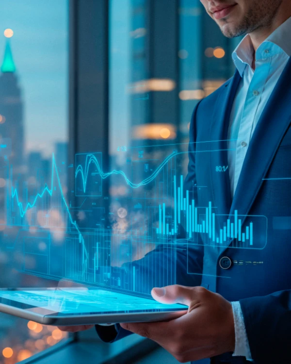 Un homme en costume, vu à mi-corps, examine des graphiques financiers projetés sur une tablette.
