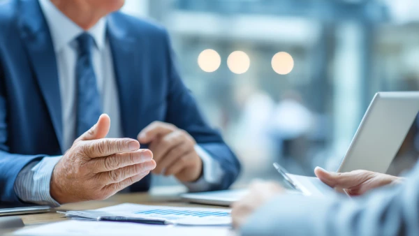 Gros plan sur deux professionnels discutant autour de documents et d'un ordinateur au bureau.