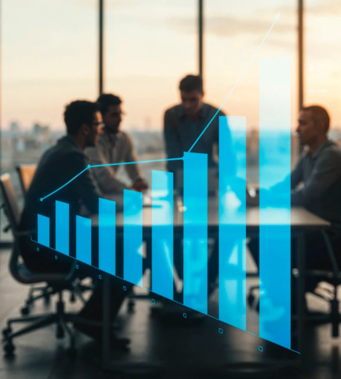 Graphique de croissance bleu en surimpression d'une équipe en réunion dans un bureau au crépuscule.