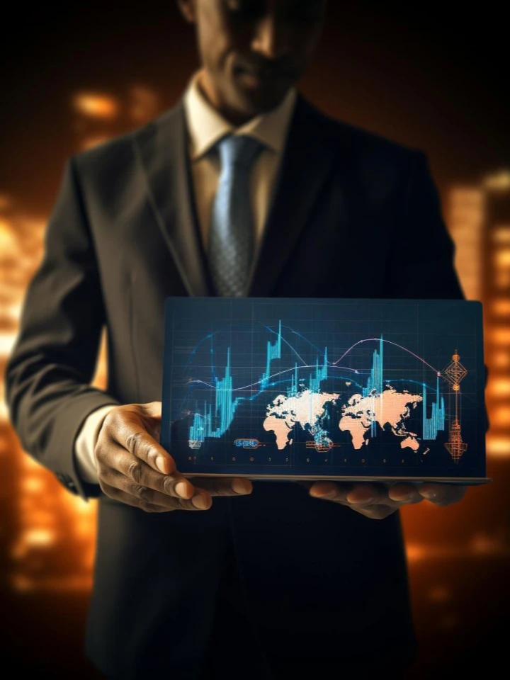 Homme en costume tient tablette affichant carte monde + graphiques boursiers. Fond urbain flou, lumière dorée. Tech & finance.