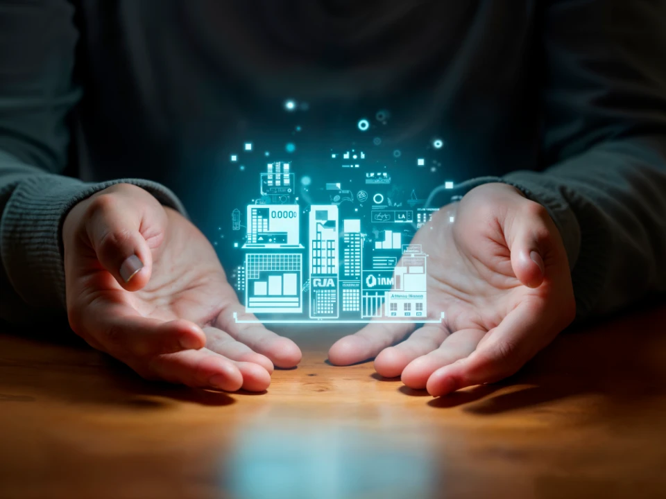 Mains ouvertes soutenant hologramme bleu de ville futuriste avec immeubles, graphiques et icônes tech. Fond sombre, ambiance innovante.