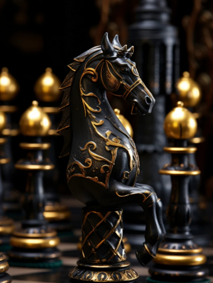Cavalier d’échecs noir orné de motifs dorés, en relief. Pièces noires et or floues en arrière-plan. Éclairage chaud, ambiance luxueuse et dramatique sur échiquier sombre.
